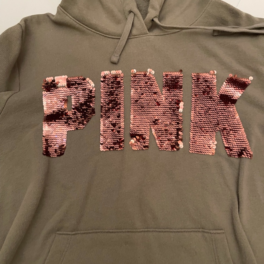 Pink Green hoodie with rose gold writing
